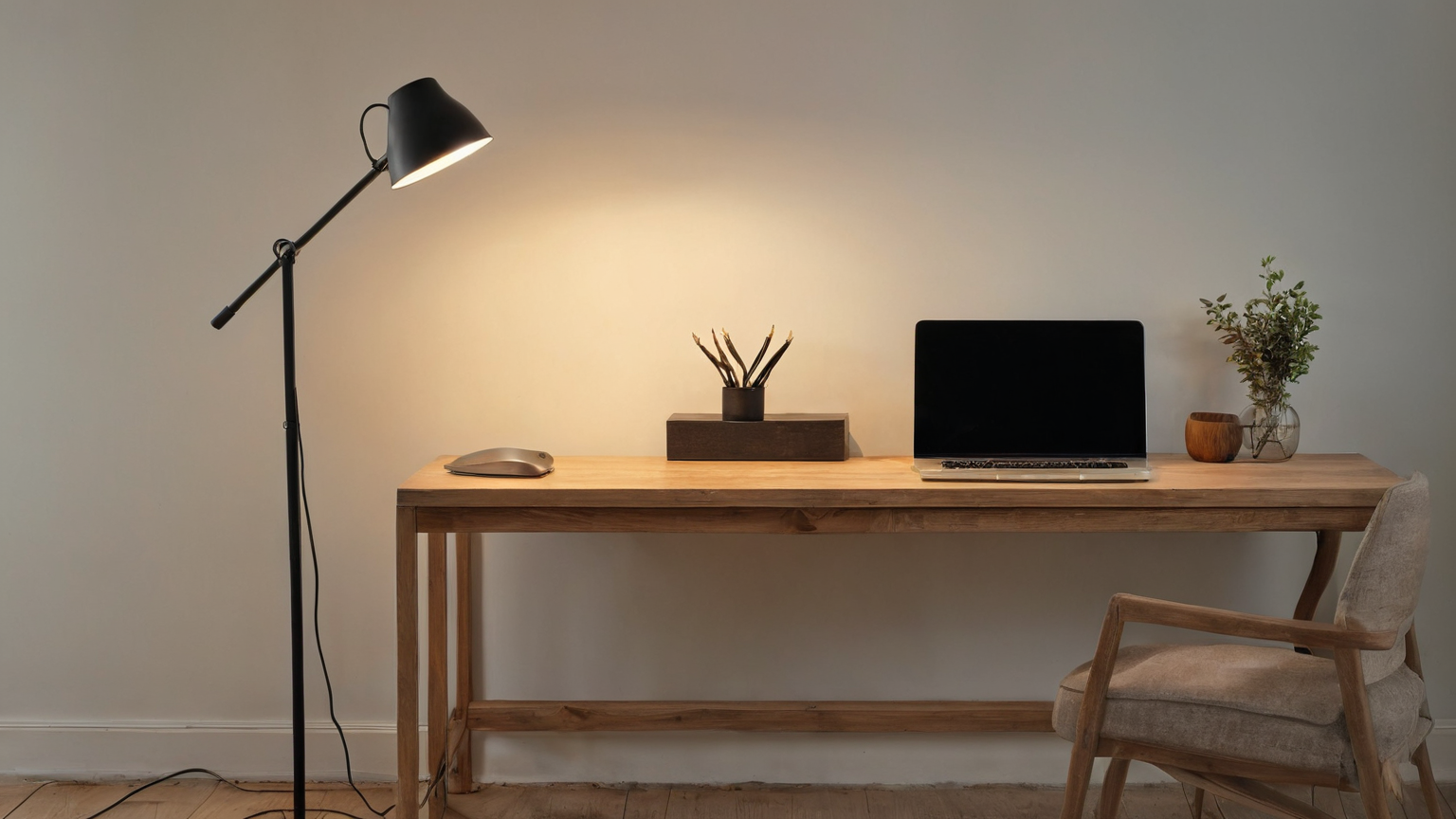 Minimal home-office desk with a floor lamp and blank dark laptop screen