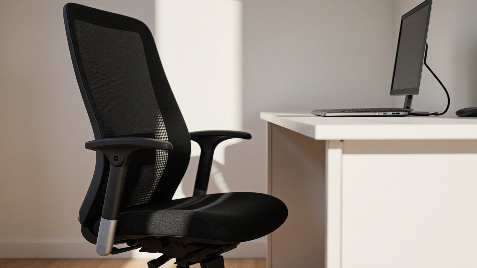 Black mesh ergonomic chair beside a plain desk with a blank screen