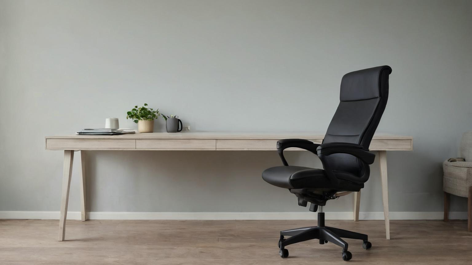 Unbranded black ergonomic chair in a neutral home office