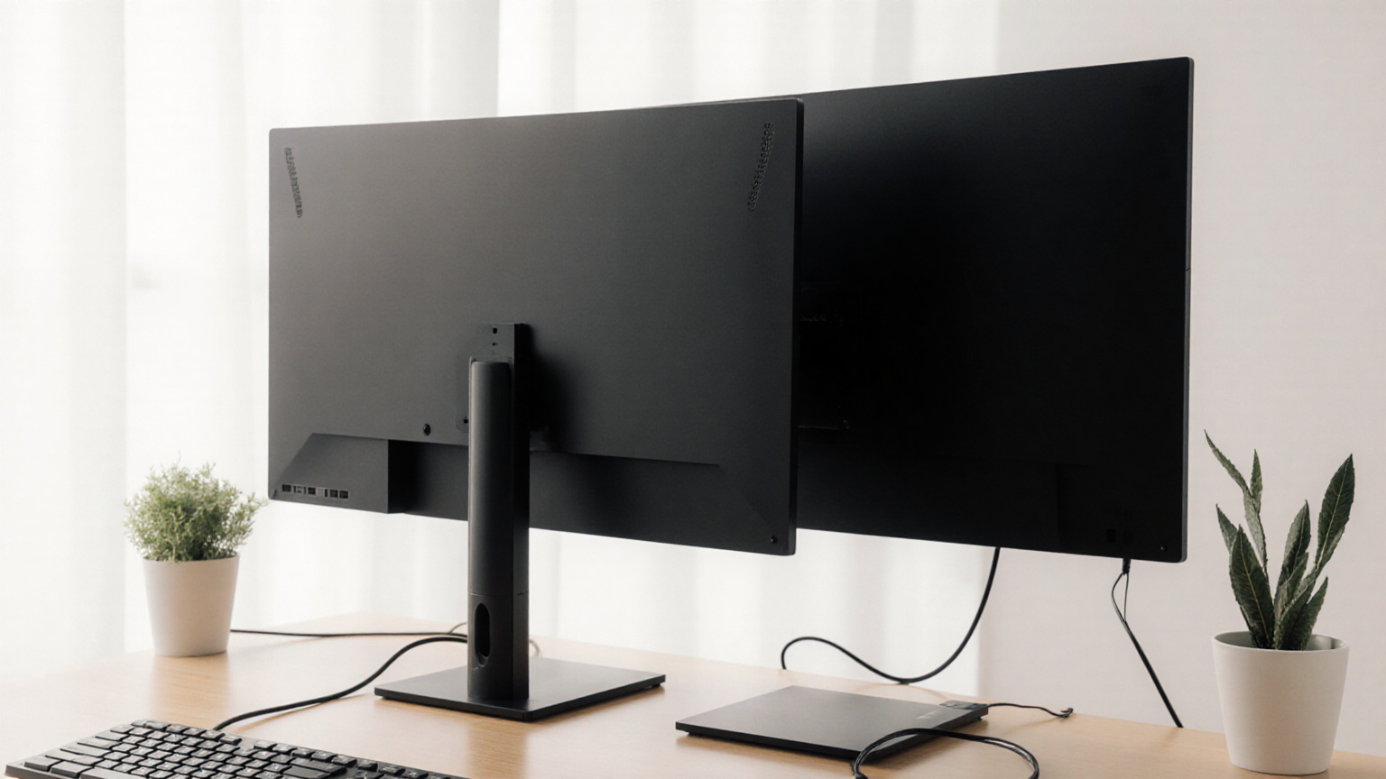 Rear view of two unbranded monitors with physically plausible stands and cables