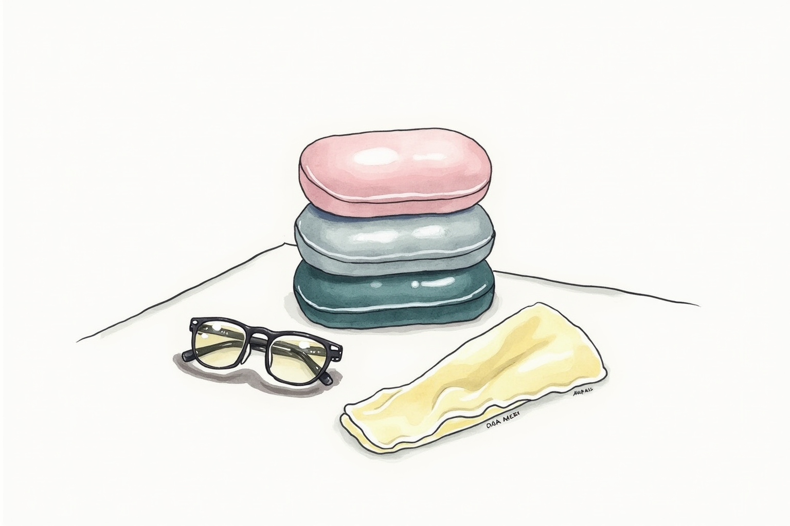 Stack of glasses cases and a microfiber cloth on a desk