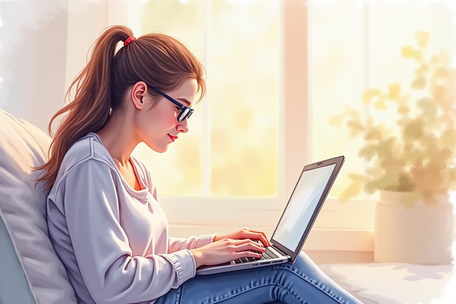 Person wearing glasses while reading on a laptop in warm evening lighting