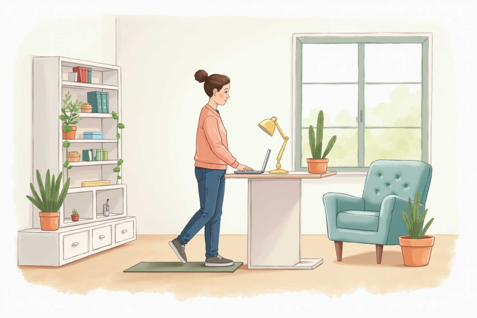 Focused home office with standing desk and walking pad