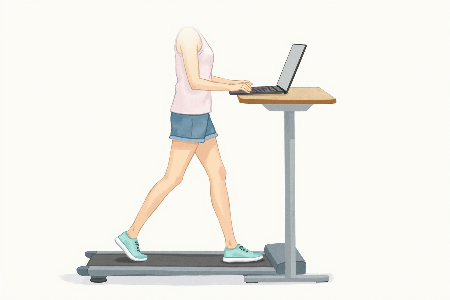Side view of feet walking on a slim treadmill under a standing desk