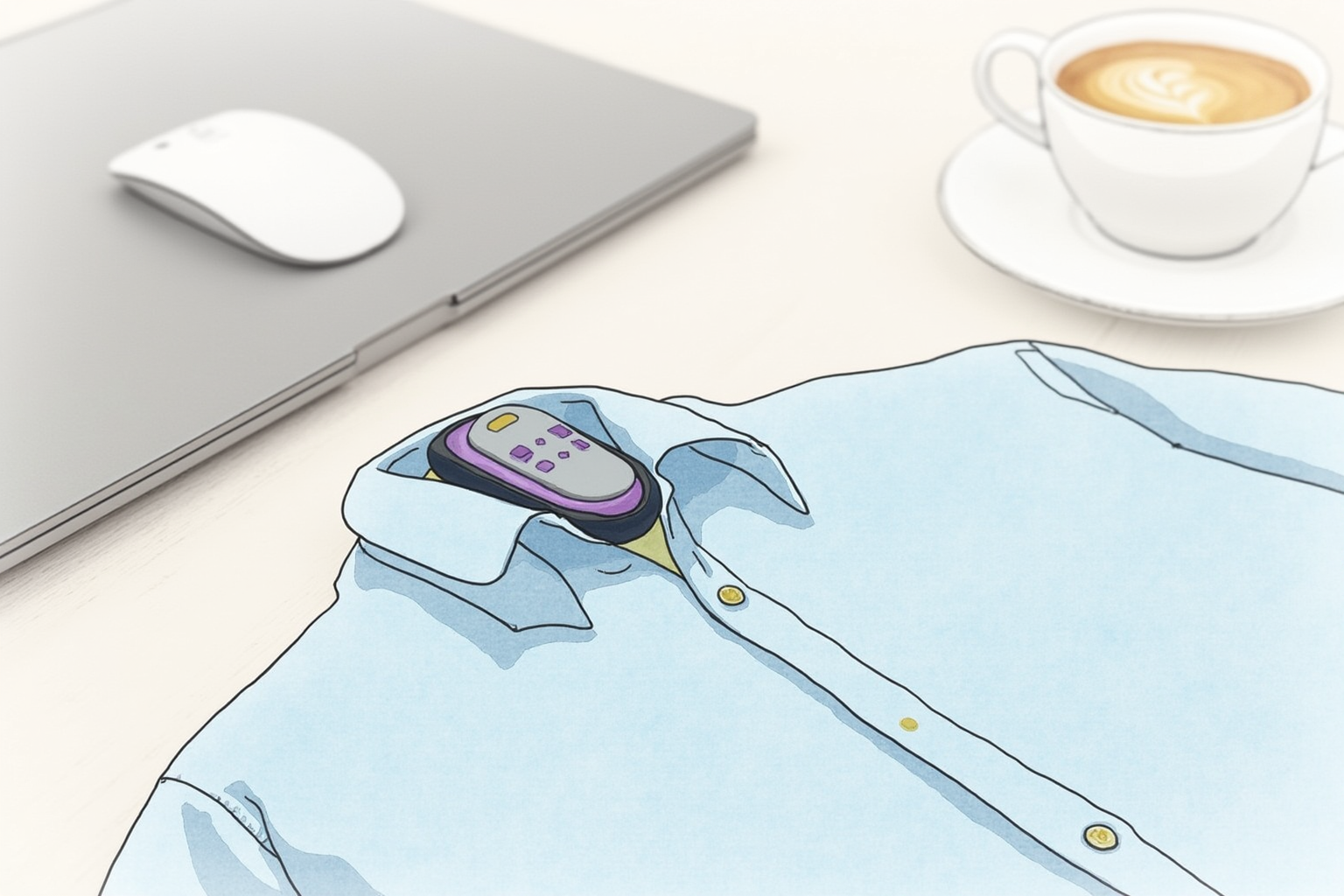 Wearable posture sensor clipped to a shirt collar on a desk