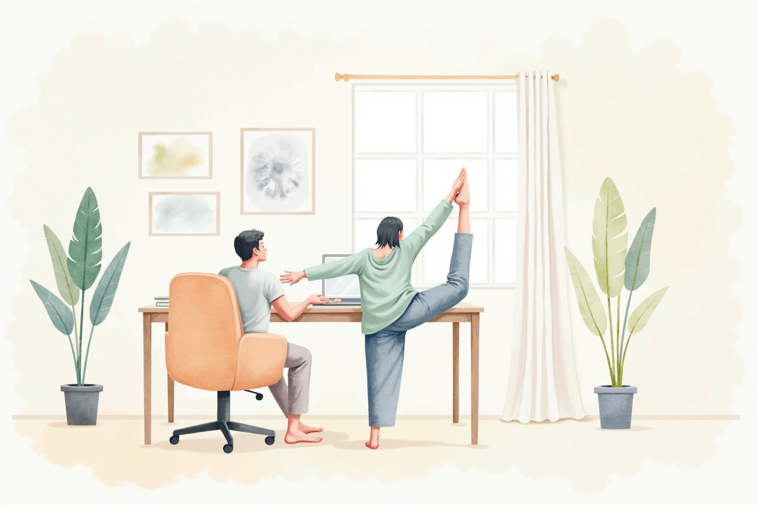 Person standing and stretching beside a desk during a break