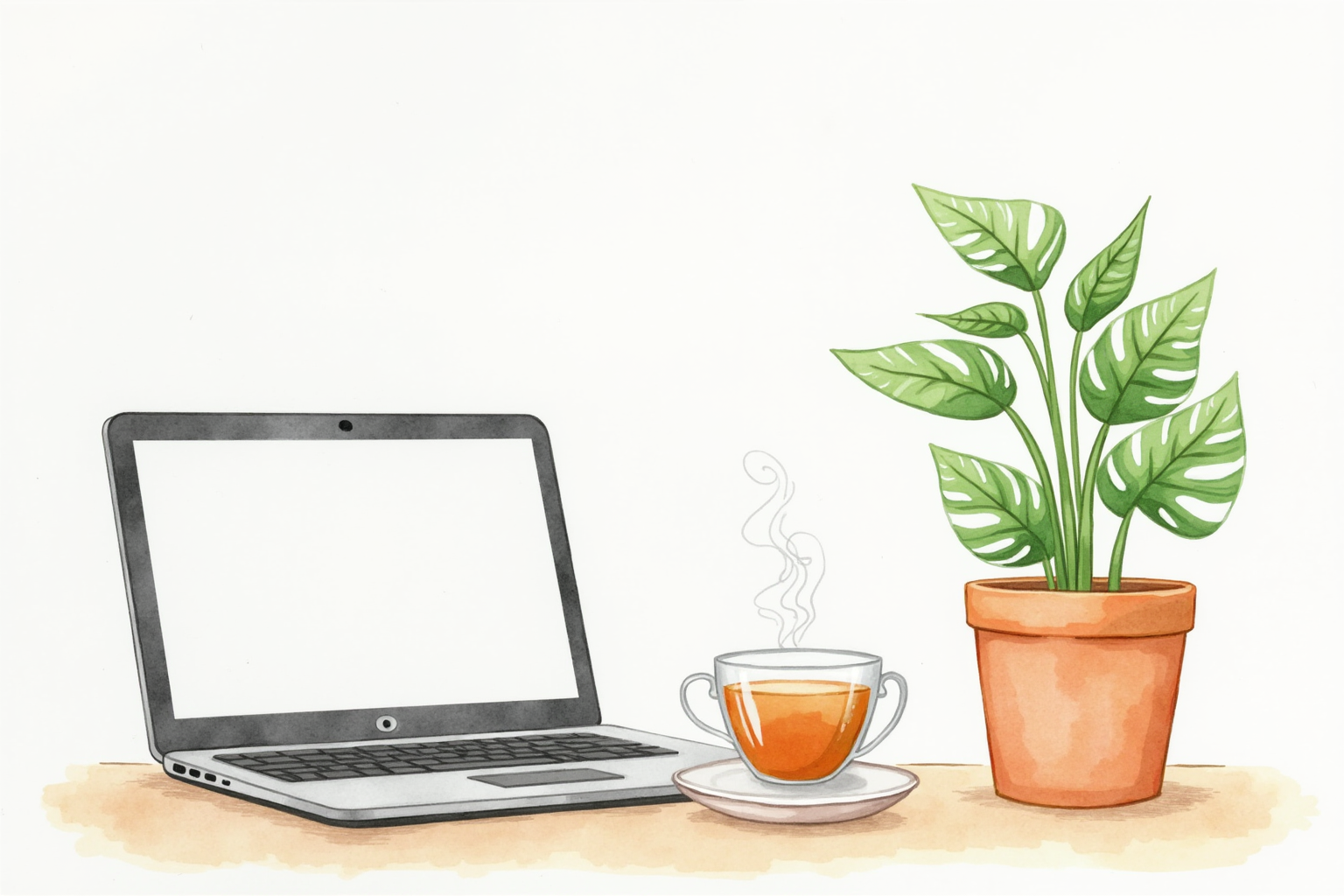 Home office with houseplant, closed laptop, and steaming cup of tea