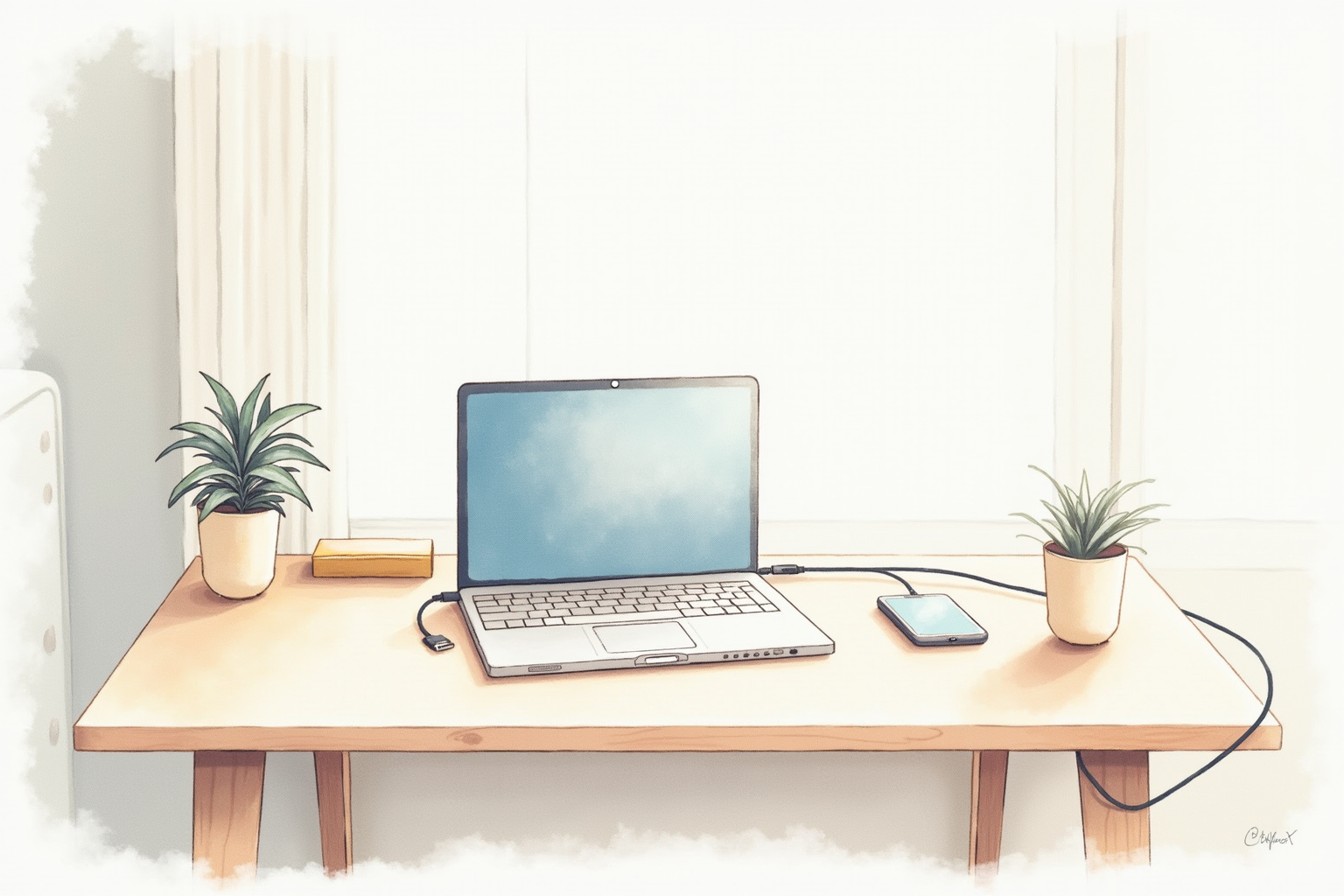 Clean modern home office desk with a single visible USB-C cable