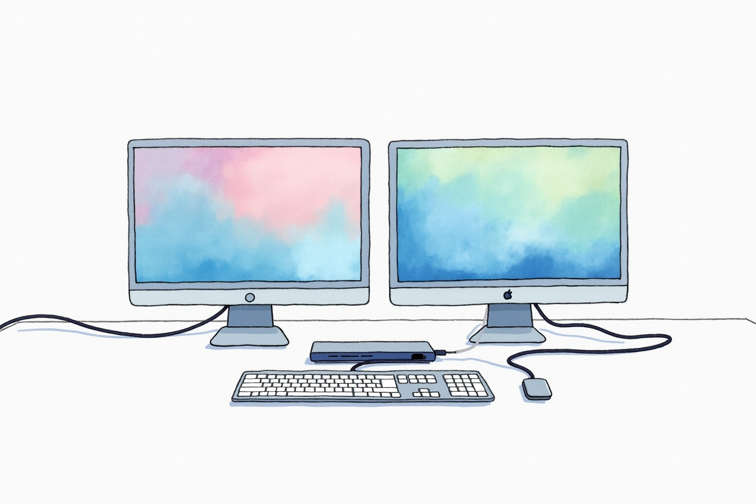 Two monitors connected to a USB-C dock via display cables