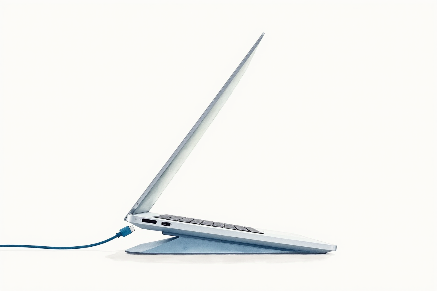 Vertical laptop stand with a single USB-C cable to a dock