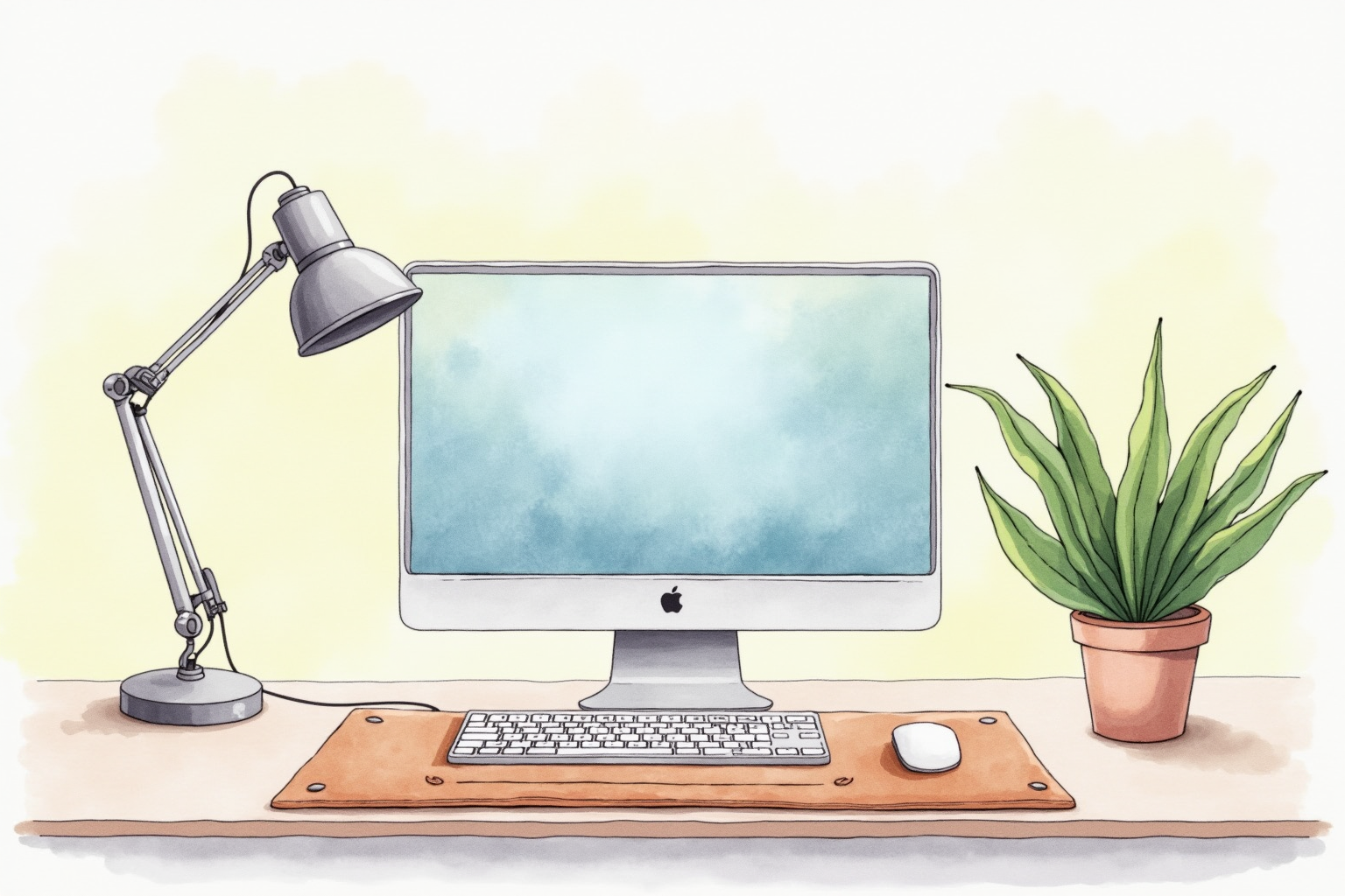Complete clean home office with leather desk mat, laptop, monitor