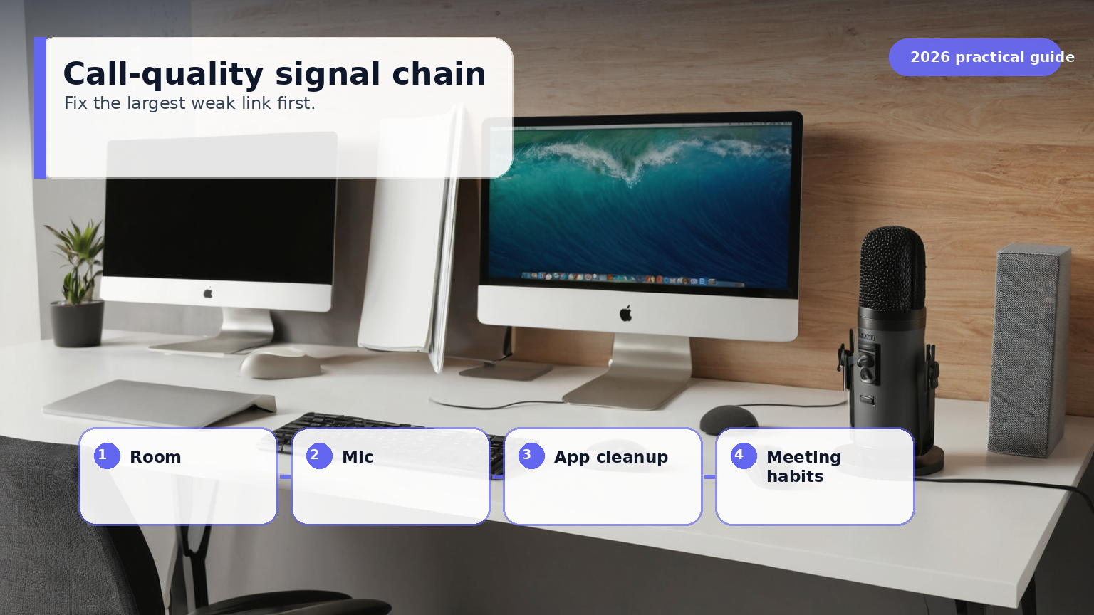 Diagram showing the home office call audio chain from room noise to listener clarity