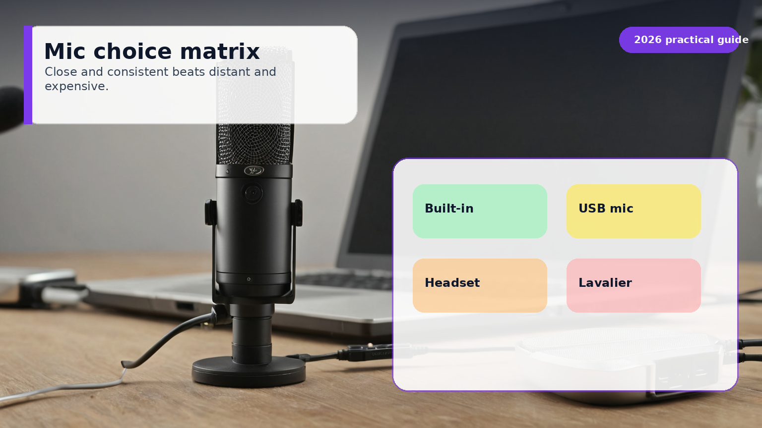 Decision matrix comparing headset, dynamic microphone, condenser microphone, and earbuds for different home office noise conditions