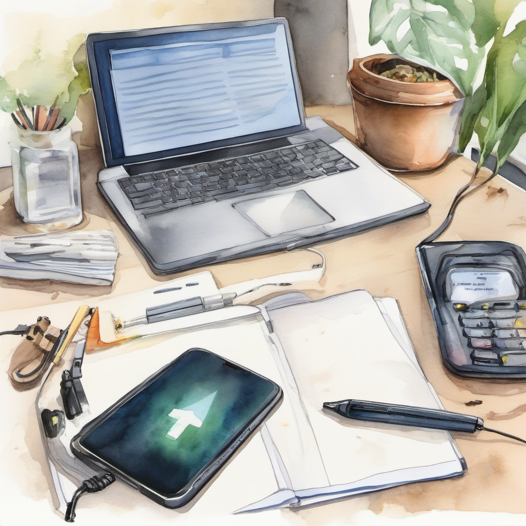 Watercolor home office outage kit with power bank, lamp, phone hotspot, and notebook