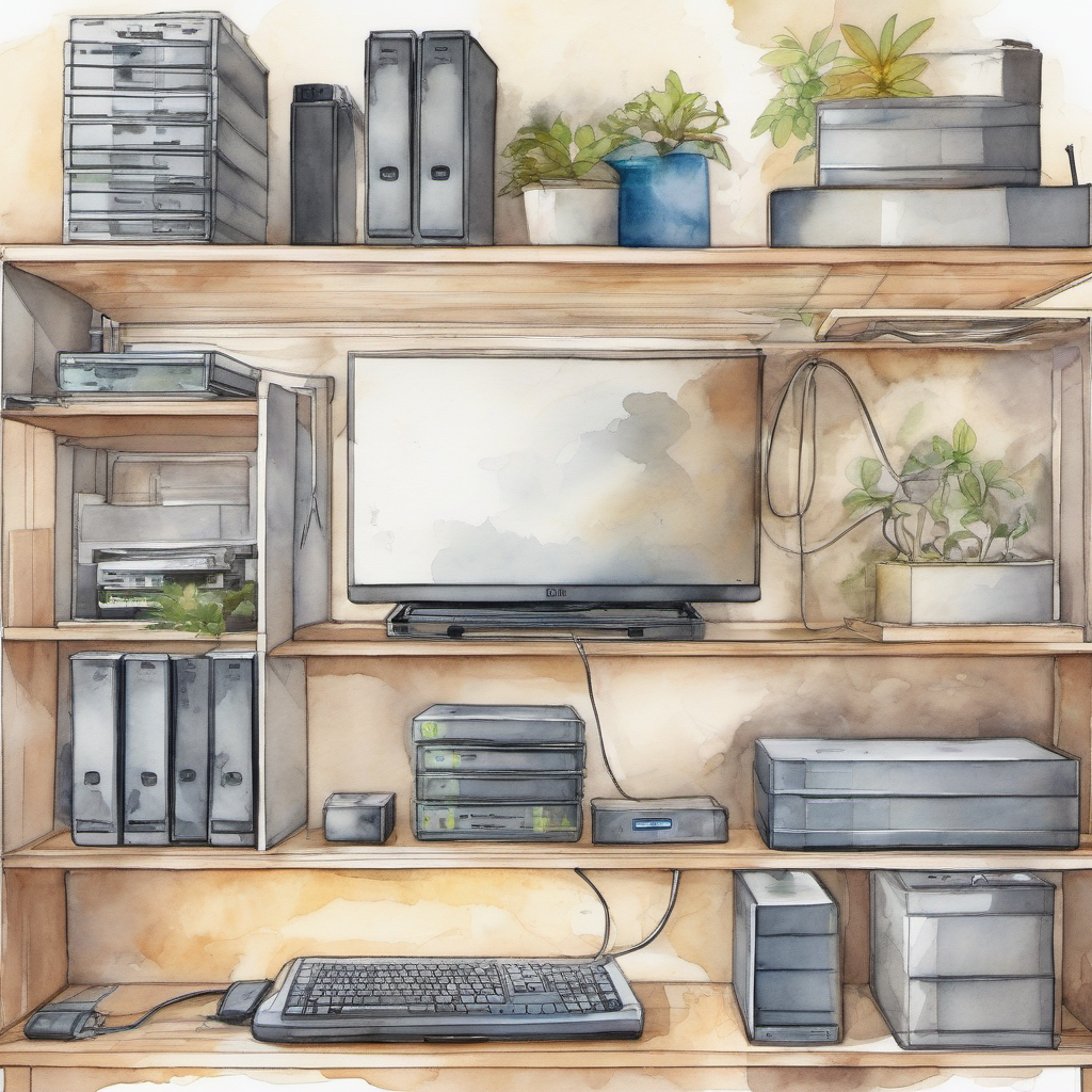Watercolor illustration of a home office modem and router connected to a small UPS battery backup