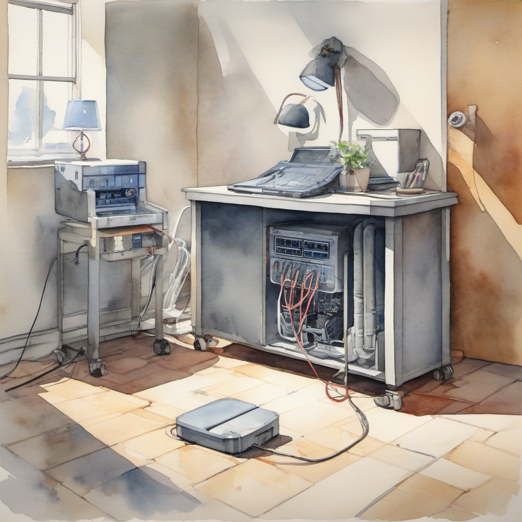 Watercolor portable power station beside a standing desk with safe ventilation and cable management