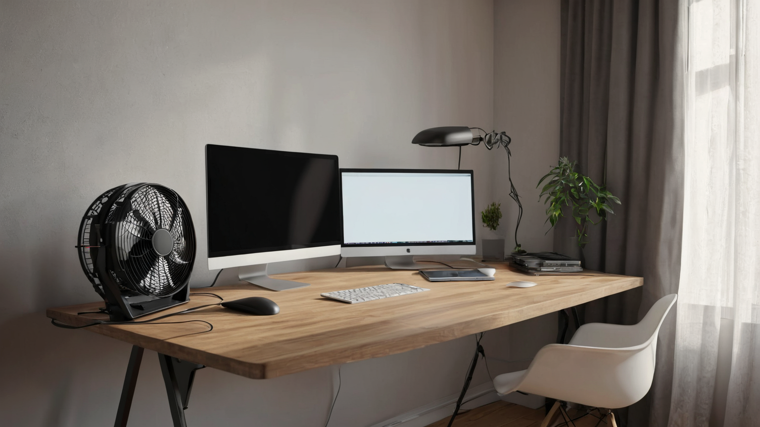 Laptop raised with airflow and shaded window for hot workday