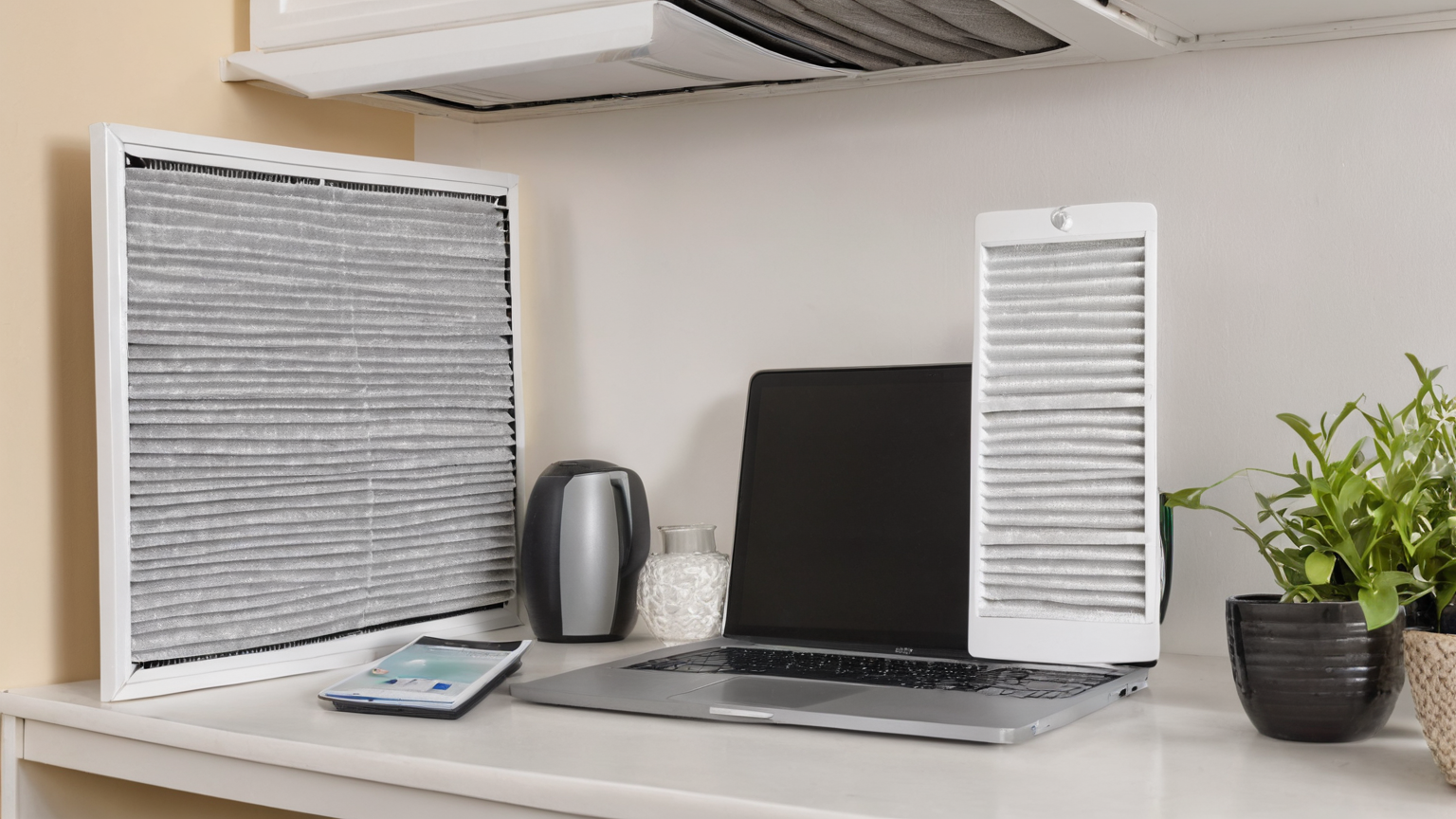 Home office HVAC filter and return vent prepared for wildfire smoke day