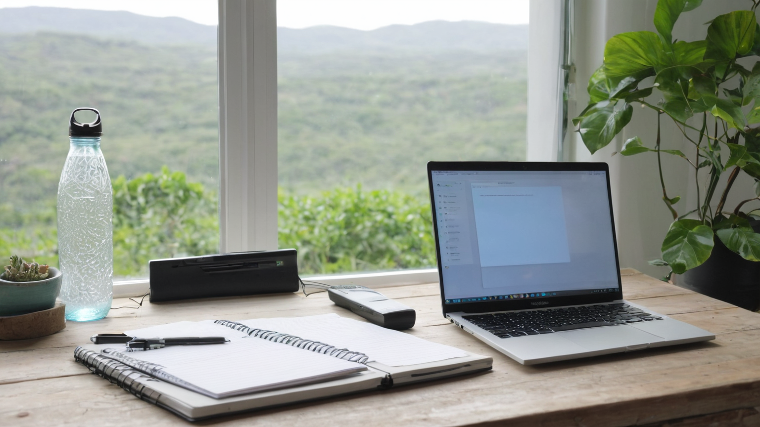 Laptop meeting setup with water, notes, closed window, and purifier nearby